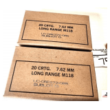 (2) LAKE CITY ARMORY AMMUNITION 7.62MM M118LR AMMO (40) ROUNDS TOTAL - SPECIAL MATCH GRADE FOR SNIPER RIFLE - DESIGNED FOR HIGH ACCURACY, LONG RANGE - 20 CARTRIDGES/BOX - SAMPLE PICTURE