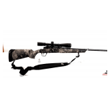 SAVAGE AXIS BOLT ACTION RIFLE .243 WIN 22" BARREL - CAMO FINISH - NIKON BUCKMASTERS BDC SCOPE W/ WEAVER MOUNTS 4X12 POWER - CLIP MISSING - ONE-PIECE FOREND SYNTHETIC STOCK - BOLT HAS SLIGHT STAIN - BA