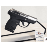 TAURUS SPECTRUM PISTOL SEMI-AUTO .380CAL STAINLESS/BLACK TWO-TONE - STAINLESS BARREL - GRIP SLIGHTLY DAMAGED - PIECE MISSING NEXT TO CLIP - RECEIVER & BARREL FINISH GOOD - SN 1F0C2416