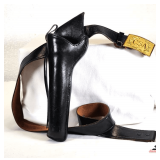 BLACK LEATHER HOLSTER FOR LONG BARREL REVOLVER  - BLACK BELT WITH GOLD "CSA" BUCKLE -