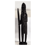 AFRICAN CARVED WOOD FOLK ART SCULPTURED MAN SPEAR WARRIOR - 14 1/4" TALL WITH NECKLACE CHAIN - SHOWS WEAR