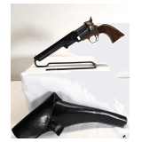 1851 OLD MODEL NAVY REVOLVER .36 CAL - BLACK POWDER ONLY - 7.5" BARREL - BRASS FRAME - BLUE CYLINDER AND BARREL - ENGRAVED CYLINDER - BARREL BLUING IS DEEP COLOR - ITALIAN MADE - BRASS FRAME IS TARNIS
