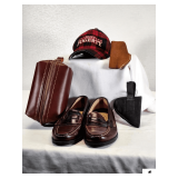 SMALL LEATHER BELT CLIP-ON HOLSTER LEFT HAND - FABRIC BELT CLIP-ON HOLSTER - RIGHT HAND - HICKOK COMMUTER GENUINE LEATHER TOLIETRY BAG - DEXTER COMFORT LEATHER SHOES - SIZE 10.5M - JOHN FOGERTY CAP