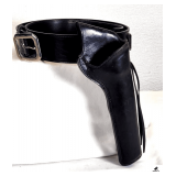 BLACK LEATHER BELT & HOLSTER 53" LONG - 2 3/8" WIDE - EXCELLENT CONDITION - APPEARS NOT WORN - BLACK LEATHER REVOLVER HOLSTER FOR LONG BARREL