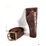 LEATHER BELT WITH BRASS BUCKLE & HOLSTER LARGE BELT FOR SHOULDER HOLSTER - LEATHER REVOLVER HOLSTER WITH STAR - MARKED "CSA" - USED
