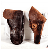 (2) VINTAGE LEATHER REVOLVER HOLSTERS HAND TOOL FOR LONG BARREL SEMI-AUTO - MILITARY STYLE WITH WIRE BELT ATTACHMENT - SHOWS WEAR -