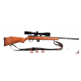 MARLIN MD. 917V BOLT ACTION RIFLE .17 H.M.R. CAL 22" HEAVY BARREL - BUSHNELL YARDAGE SCOPE, 4-12X POWER - SCOPE SHOWS SOME CARRY WEAR, RUBS AND DENT ON TOP EYE PIECE - RECEIVER AND BARRELL DEEP COLORE