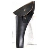 BLACK LEATHER LEFT HAND HOLSTER FOR LONG BARREL REVOLVER - VERY GOOD CONDITION - APPEARS TO FIT 6-8" BARREL REVOLVER - TOP OF HOLSTER HAS BEEN TRIMMED