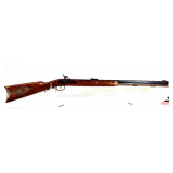 HAWKINS BLACK POWDER RIFLE 50 CAL. BLUING IS WORN & SHOWS SLIGHT PITTING - BARREL BLUING SHOWS WEAR ON CORNERS - BLUING ON OCTAGON BARREL SHOWS WEAR ON EDGES & LIGHT PITTING - HAMMER IS PITTED WITH RU