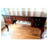 TRADITIONAL CHIPPENDALE STYLE MAHOGANY WRITING DESK- BRASS DRAWER PULLS, LOCKING CENTER AND SIDE DRAWERS, CLASSIC CABRIOLE LEGS- SERPENTINE/SCALLOPED TOP-  30" X 59"