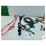 (2) ROPE HORSE HALTERS- (2) NYLON AND CHAIN LEAD ROPES- BLUE LEAD ROPE