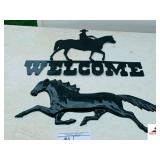 (1) METAL WELCOME WALL HANGER WITH COWBOY -1 METAL RUNNING HORSE