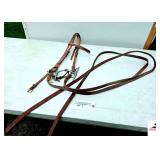 WESTERN LATIGOS BRIDLE - STITCHED HEADBAND - FULL CHEEK SNAFFLE BIT WITH LONG VERTICAL BARS ON THE SIDE  AND LEATHER REINS