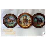 COLLECTION OF VINTAGE EQUESTRIAN PORCELAIN COLLECTOR PLATES- EACH IN ROUND WOODEN FRAME- (1) SECRETARIAT BY SUSIE MORTON, LIMITED EDITION ENTITLED "CHAMPION THOROUGHBREDS", PLATE NO. B8079, INCLUDES D