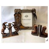 WESTERN STYLE WOODEN 8 X 10 PICTURE FRAME WITH COWBOY BOOTS AND COILED ROPE ACCENTS- PAIR OF BRONZE PLATED REARING STALLION HORSE BOOKENDS, EAR ON ONE HORSE IS BROKEN OFF- PAIR OF RUSTIC BROWN COWBOY 