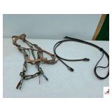 DOUBLE STITCHED LEATHER WESTERN BRIDLE- NOSE BAND- PAIR OF SHORT SNAFFLE BITS WITH COPPER BAR- LEATHER DOUBLE STITCHED SHOW REINS WITH SILVER AND GOLD TONED CONCHOS, LIKE NEW-