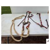 DOUBLE STITCHED LEATHER BRIDLE WITH DECORATIVE WHITE & RED LATIGO- D RING SNAFFLE BIT WITH COPPER BIT- ROPE BARREL RACING SADDLE