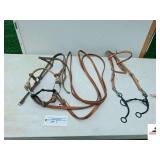 (2) BRIDLES - LEATHER BRIDLE WITH DOUBLE ROPE BOSAL- BROKEN BIT - LEATHER CHIN STRAP -LEATHER REINS  - LONG SNAFFLE REINS & PACESETTER SNAFFLE BIT - LONG SHANK - NO REINS
