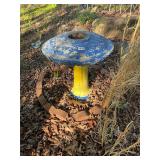 Colorful, blue and yellow birdbath