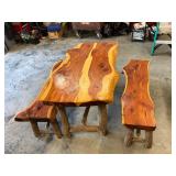 Wood oak table and benches