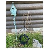 Blue metal birdhouse,  metal feather decor