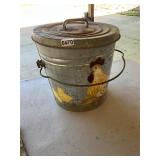 Small galvanized can with lid and chicken painting