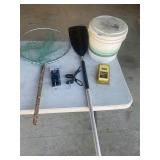 Minnow bucket, paddle, fishing net, holder