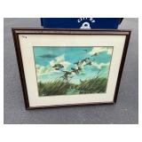 Framed ducks in flight picture signed