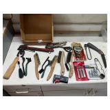 Box of assorted brushes, chain wrenches, extractor