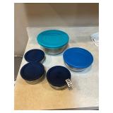 5- glass bowls with lids, Pyrex and anchor Hocking