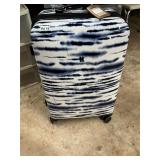 Blue and white hard rolling suitcase