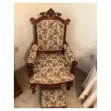 Antique wood and fabric chair and stool