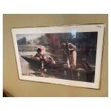 Framed ladies, man, and dog in boat