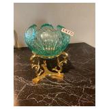 Brass stand and Fenton teal glass bowl
