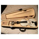 White fiddle/ violin with bow and case