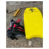 Boogie board, rope, life jacket