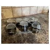 6 +1 silver faded drink glasses and holder