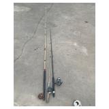 3 fishing poles and reel
