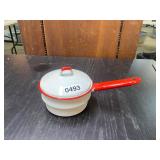 Red/White Porcelain Enameled Ware - Sm. Pot/Lid