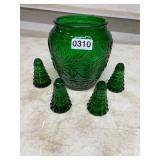 Green jar & 4 tree salt/pepper shakers