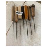 7 vintage wood handle ice picks