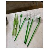 4 long glass flowers, 3 glass leaves