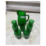 Green Pitcher with 7 glasses
