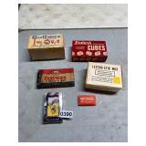 Six vintage waxes, starch, cards