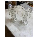 2 glass candlestick holders with dangles