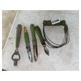 5 green handled vintage cooking utensils