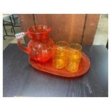 Orange/red pitcher, 4 cups, tray ï¿½ plastic