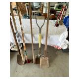 2 shovels and garden manual tiller