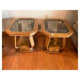 2 matching wood and glass end tables