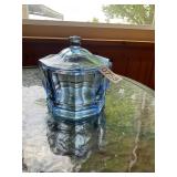 Blue glass candy dish with lid